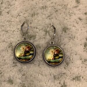 English Roses Floral Glass Cabashon Round Earrings NWT Handcrafted .75”x 1.50”